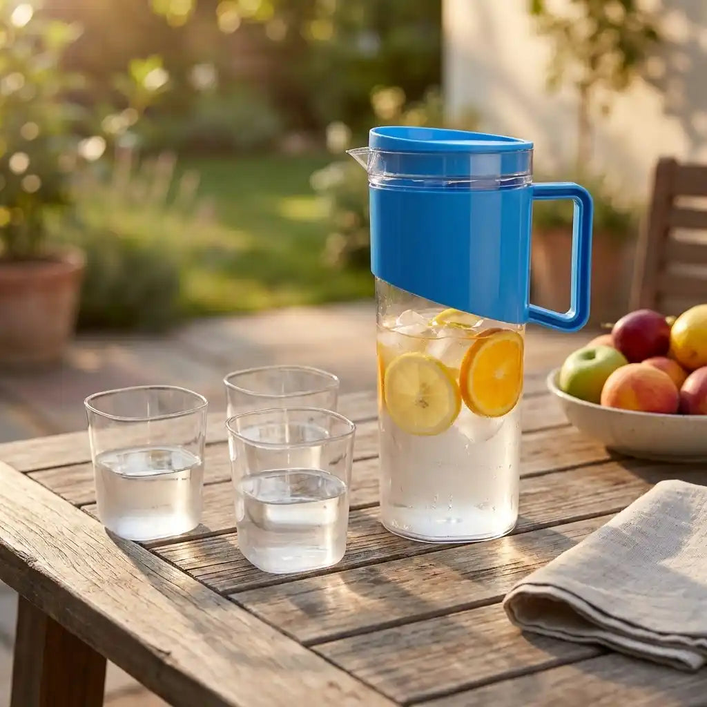 Blue unbreakable jug with lid and handle, filled with water and fruit slices