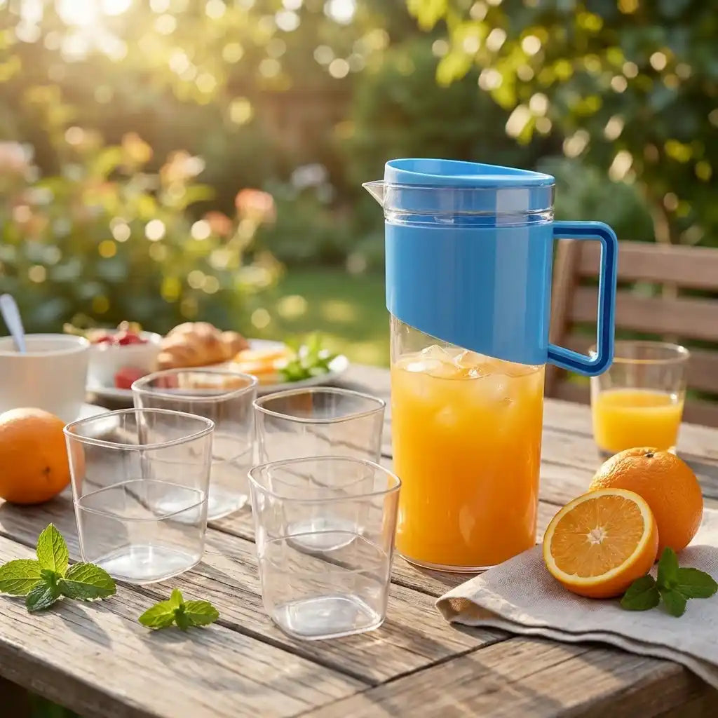 Blue unbreakable jug with lid and handle, holding orange juice and ice
