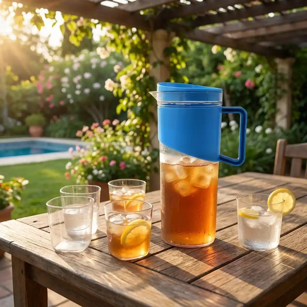Blue unbreakable jug with lid and handle, iced drink and clear glasses