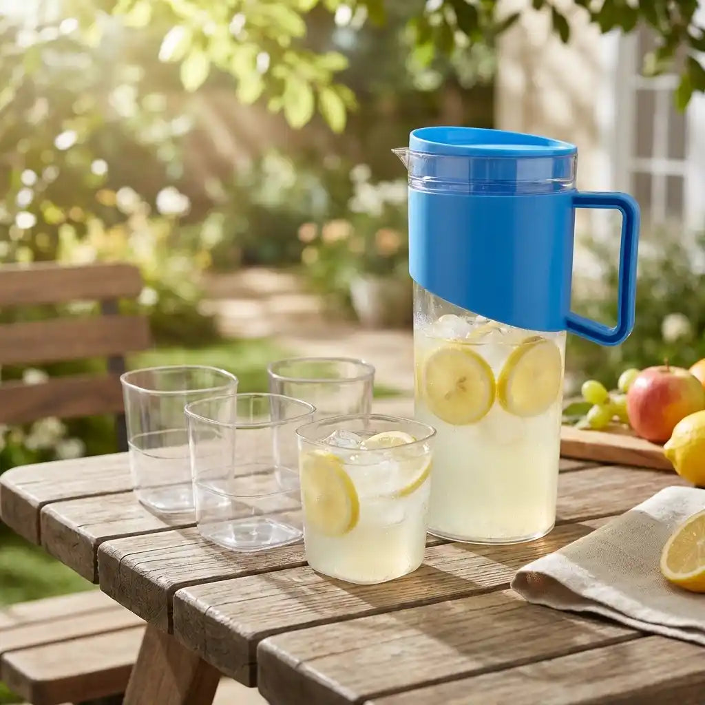 Blue unbreakable jug with lid and handle, lemon slices in water, glasses