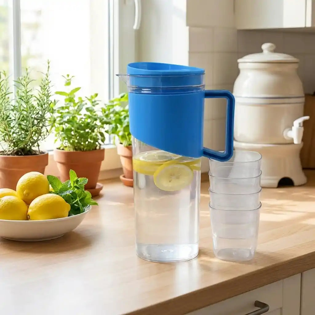 Blue unbreakable jug with lid and handle, with clear stackable glasses