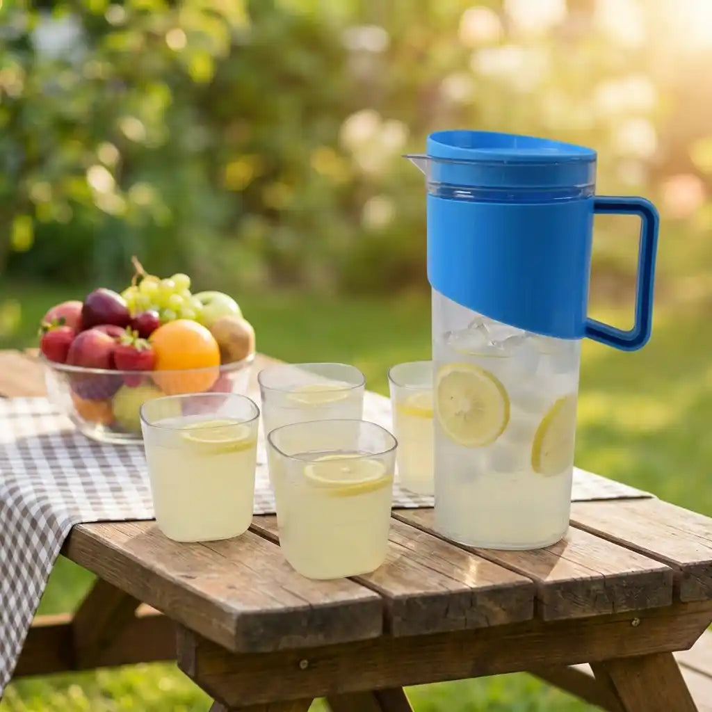 Blue unbreakable jug with lid and handle on table, with clear glasses