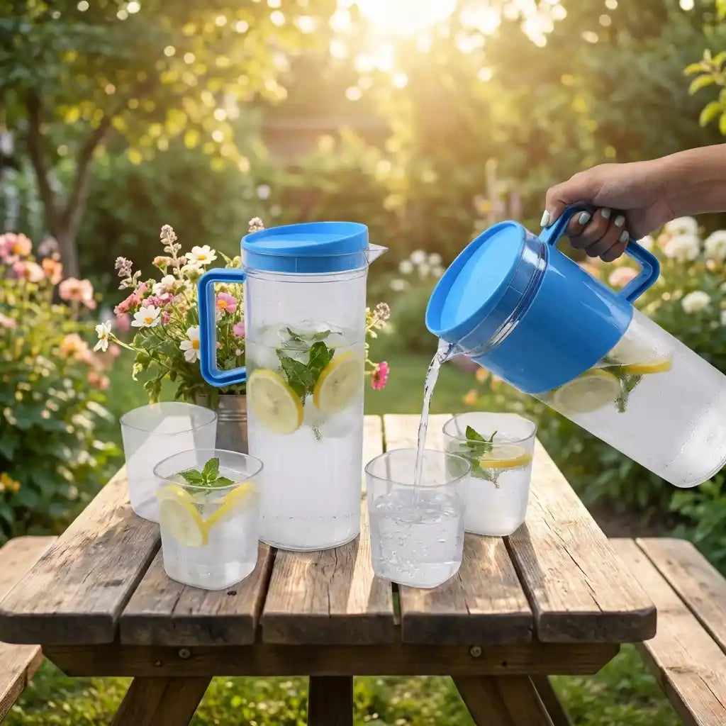 Blue unbreakable jug being poured, with clear glasses and lemon slices