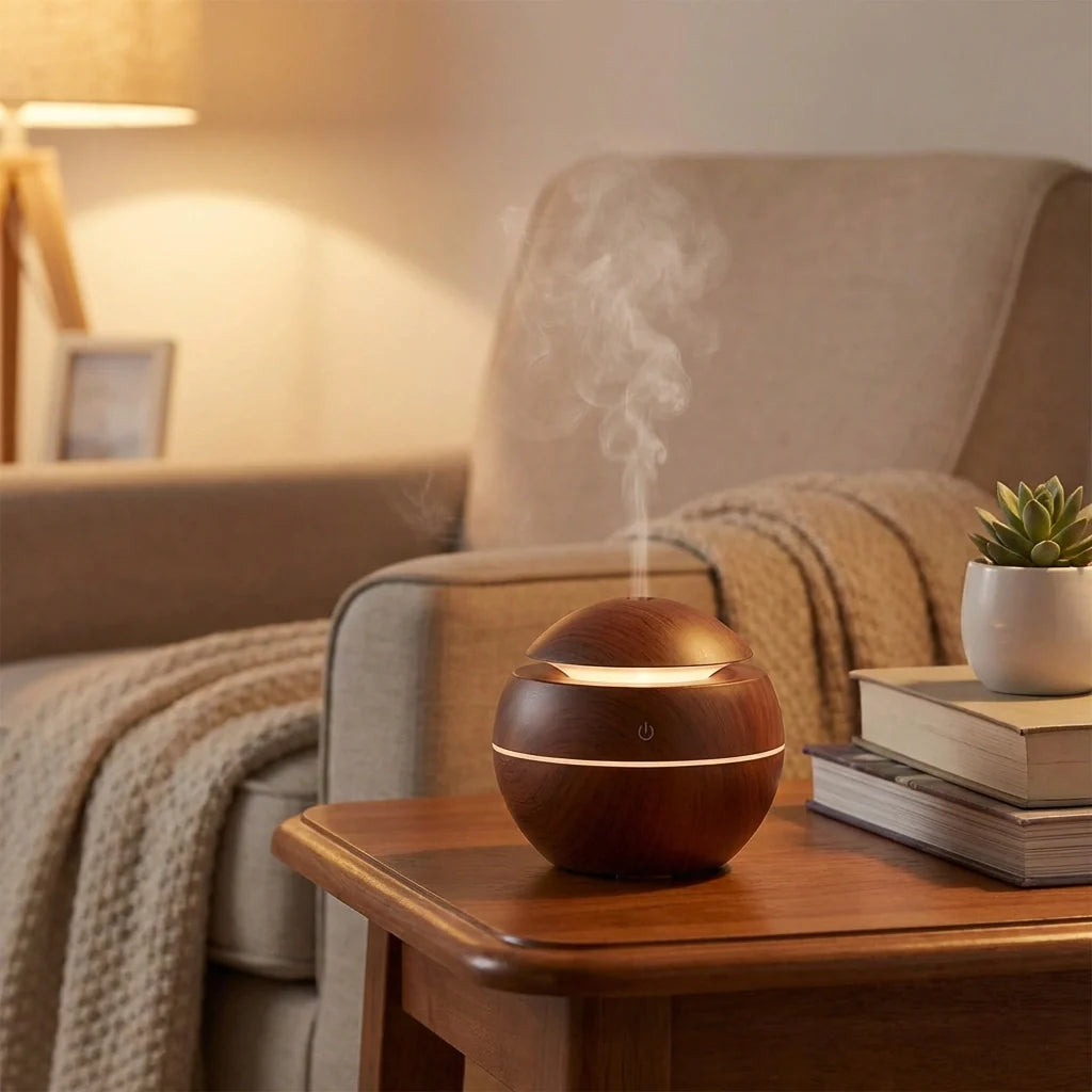 USB aromatherapy humidifier with warm wood-style dome and visible mist