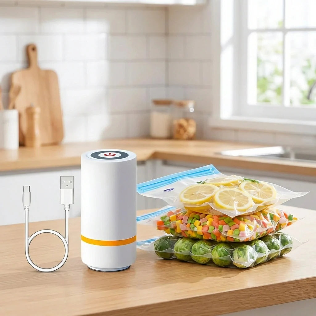 USB rechargeable vacuum sealer with control button, plus sealed produce bags