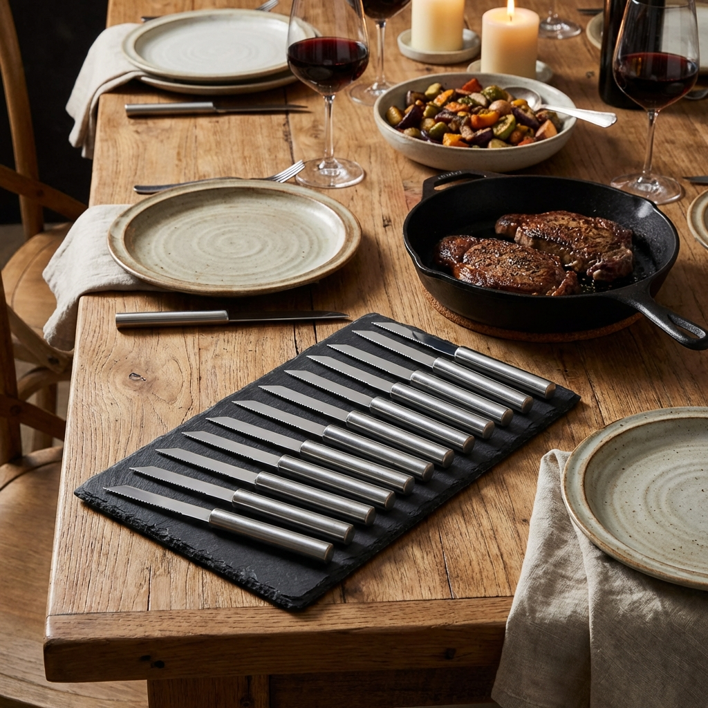 Utility knife set with 12 stainless-steel blades on roll pouch