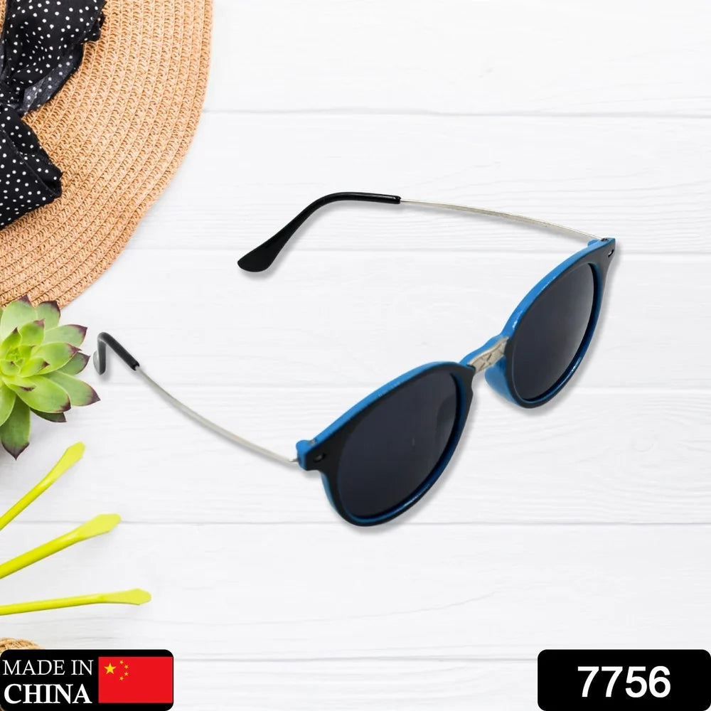 Round sunglasses with dark lenses and blue accents, black arms