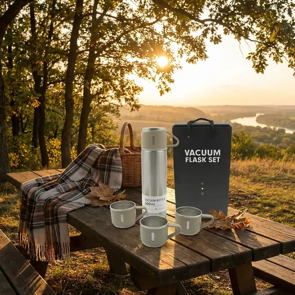 Vacuum steel flask set with bottle and cups beside black carry box