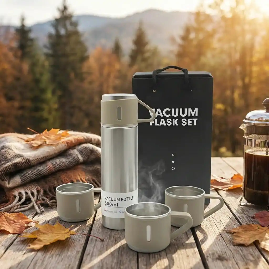 Vacuum steel flask set with tall bottle, cups, and black carry box on table