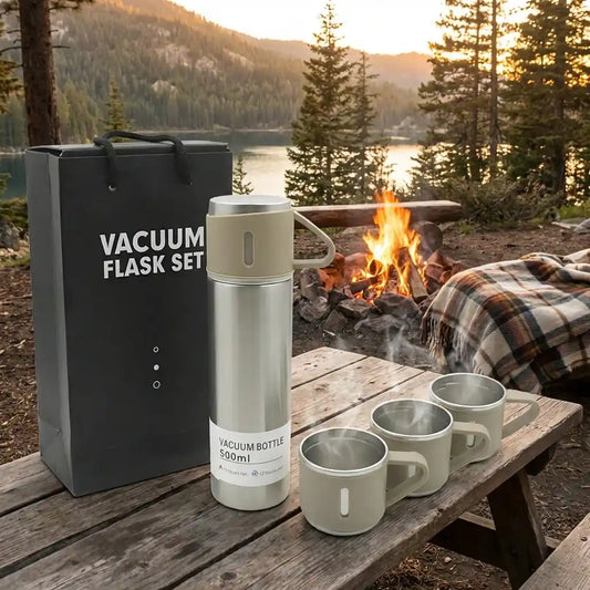 Vacuum steel flask set with insulated bottle, matching cups, and black carry box