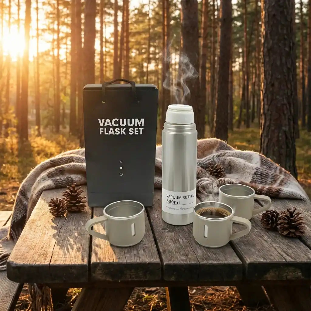 Vacuum steel flask set featuring insulated bottle and cups with carry box