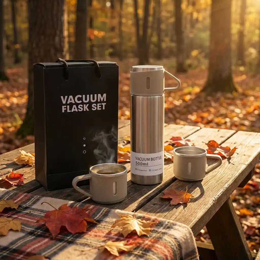 Vacuum steel flask set with insulated bottle, cups, and black carry box