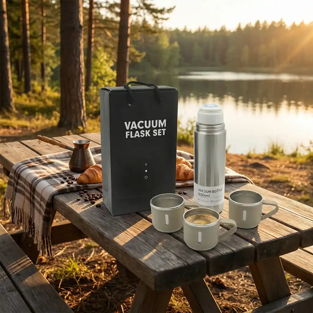Vacuum steel flask set on picnic table with bottle, cups, and black carry box
