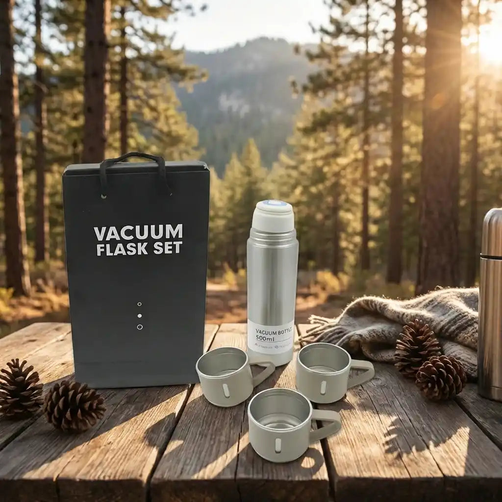 Vacuum steel flask set with insulated bottle, four cups, and black carry box