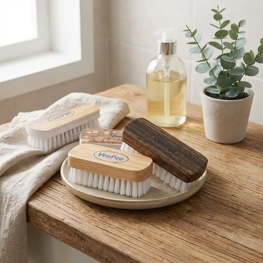 Laundry cleaning brush set with several wooden handles and white bristle heads