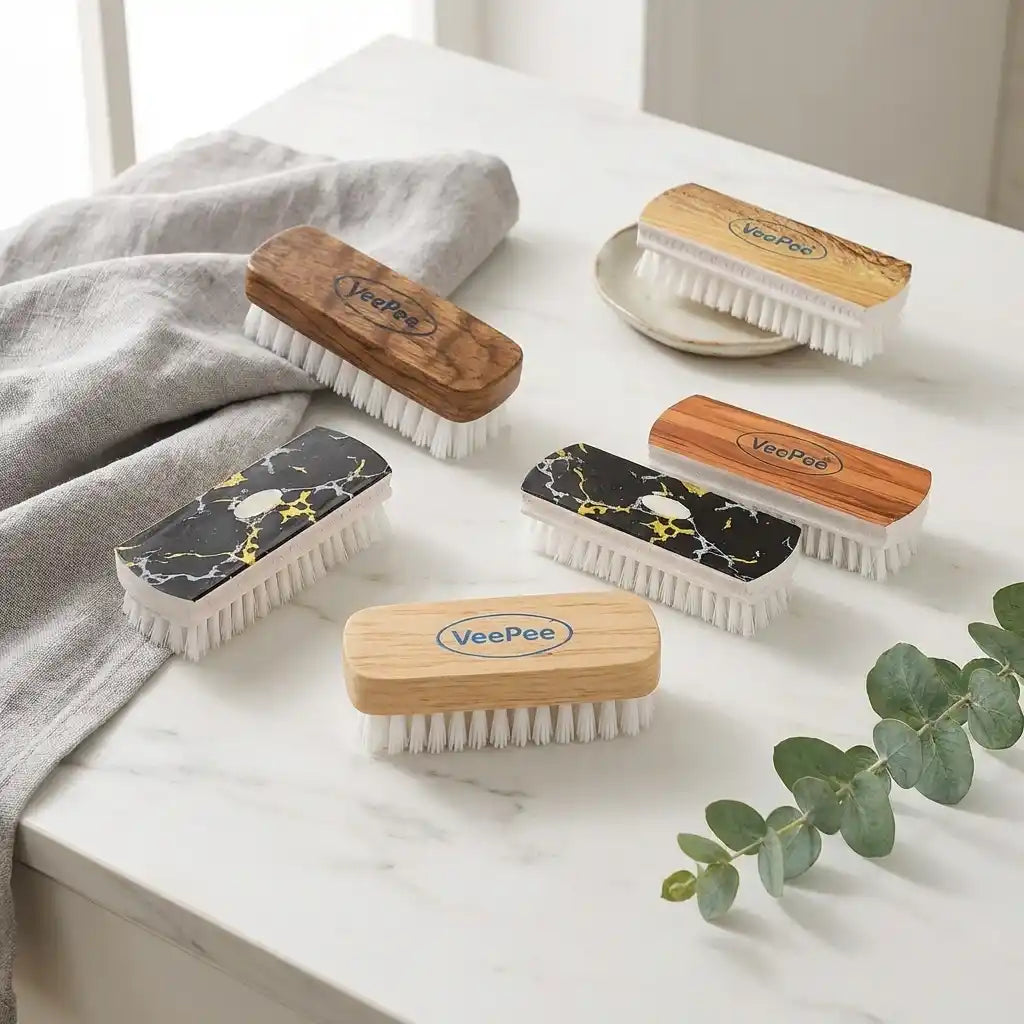 Six-piece cloth washing brush set with wooden handles and white bristles, arranged on a surface