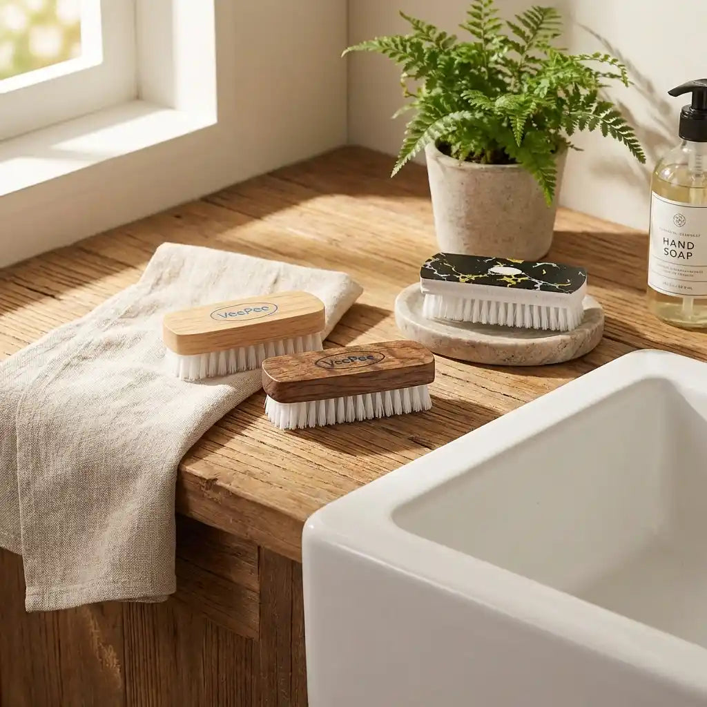 Cloth washing brush set with several wooden-handled brushes and white bristles near a sink