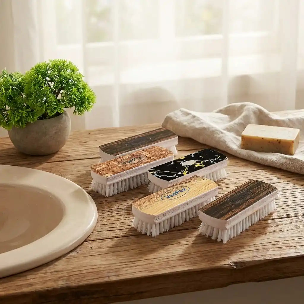 Fabric washing brush set with multiple wooden-handled brushes and white bristles on a tray