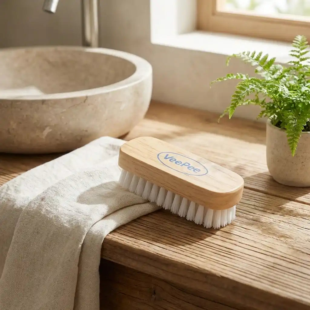 Wood-handled laundry brush with white bristles resting on a folded towel