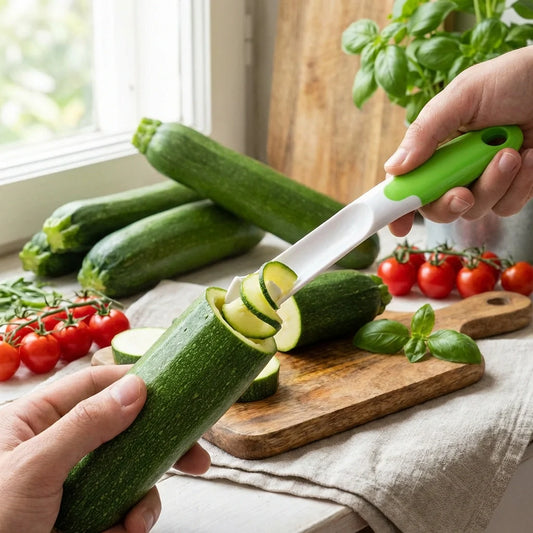 Green vegetable spiralizer with drill handle, slicing zucchini into spiral ribbons