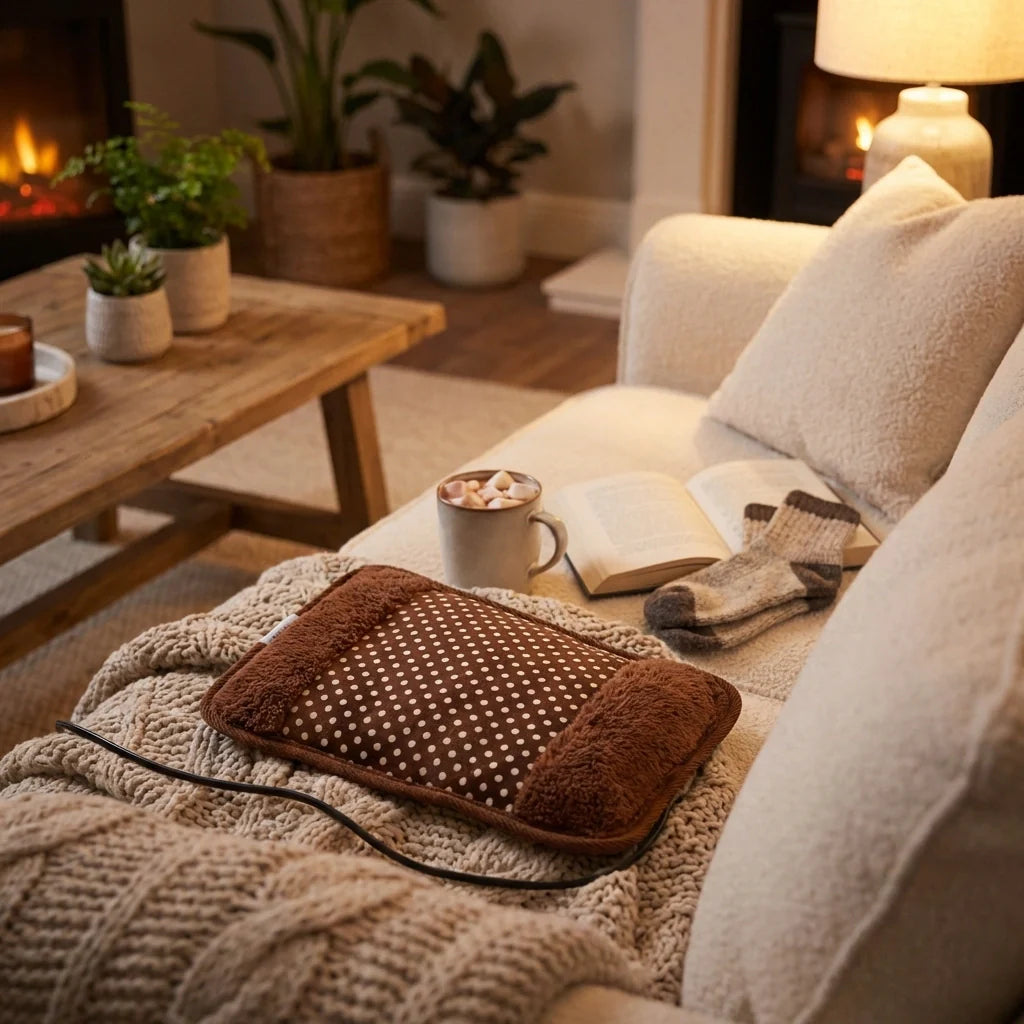 Brown velvet electric heat bag with dotted front panel and power cord on throw