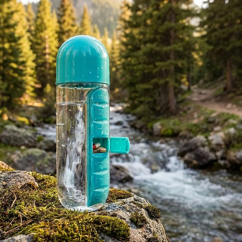 Teal and clear 600 ml water bottle with pill compartment and push button