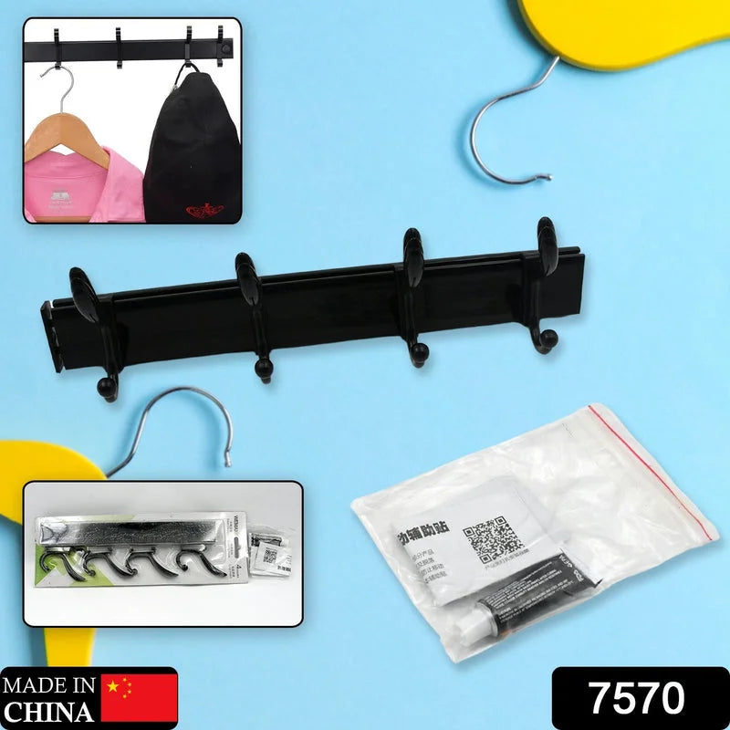 Black 6-hook wall rack with six hanging hooks on a long bar