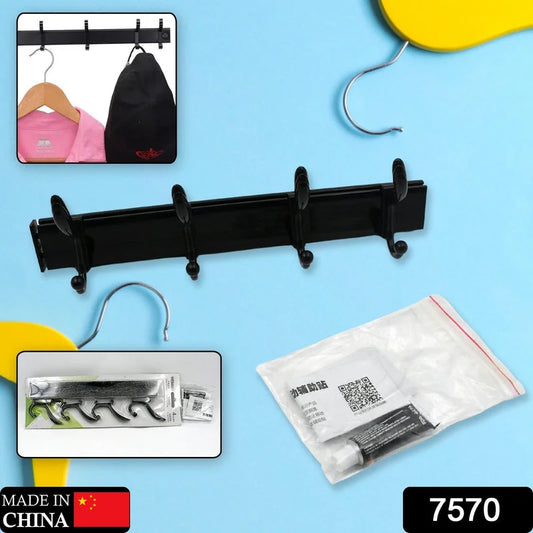 Black 6-hook wall rack with six hanging hooks on a long bar