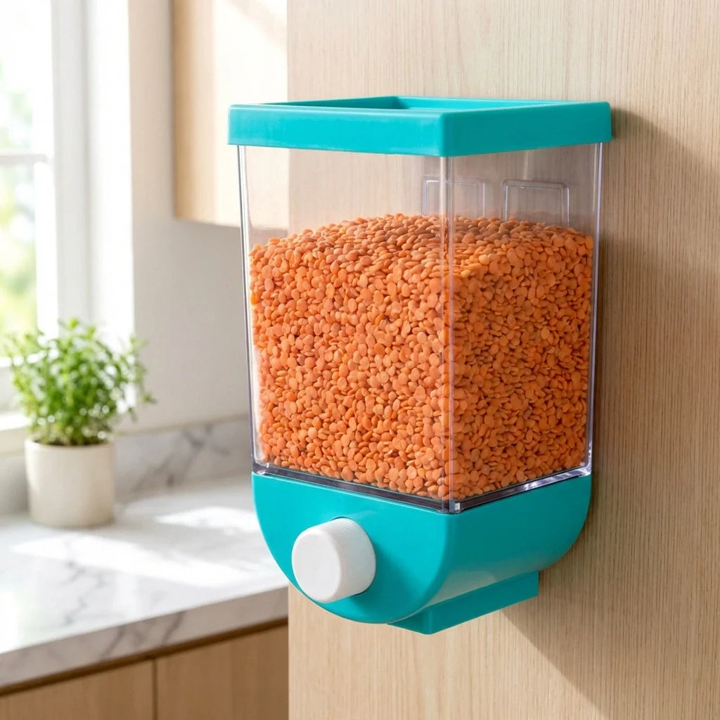 Wall mounted food dispenser with turquoise base and clear hopper filled with orange dry food