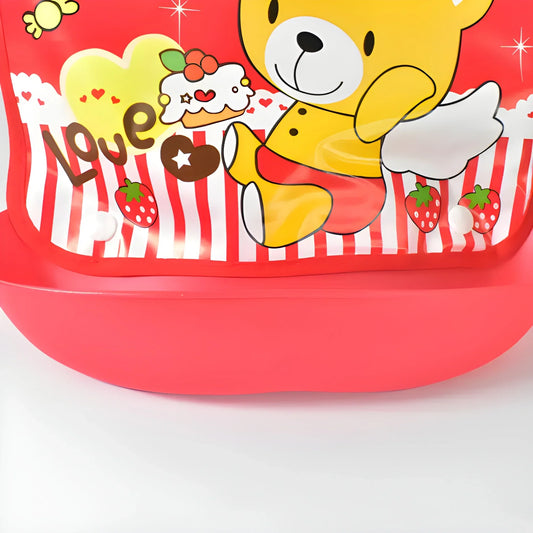 Red waterproof baby feeding bib with cartoon bear and hearts print