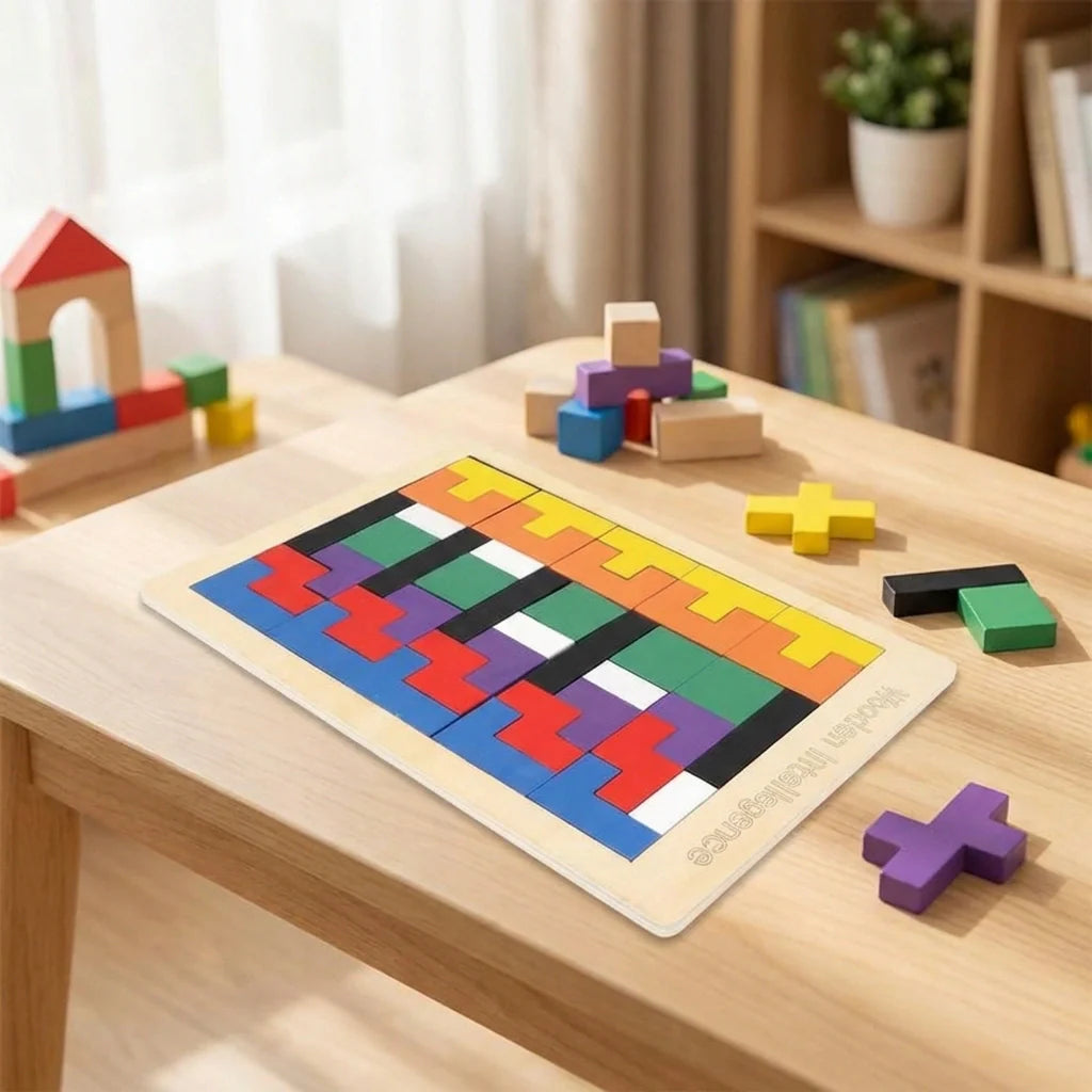 Wooden blocks puzzle board with colorful interlocking pieces