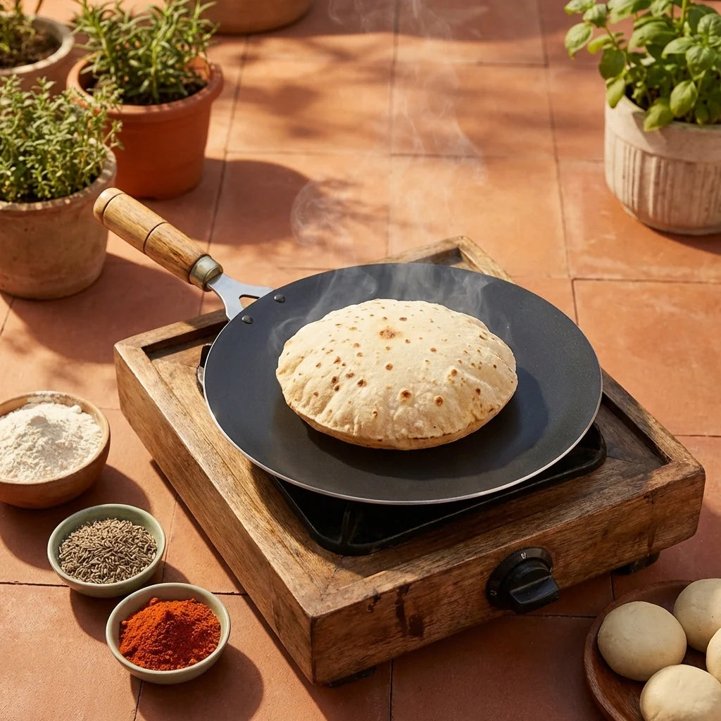 Wooden-handle roti tawa with black skillet, roti cooking on top.