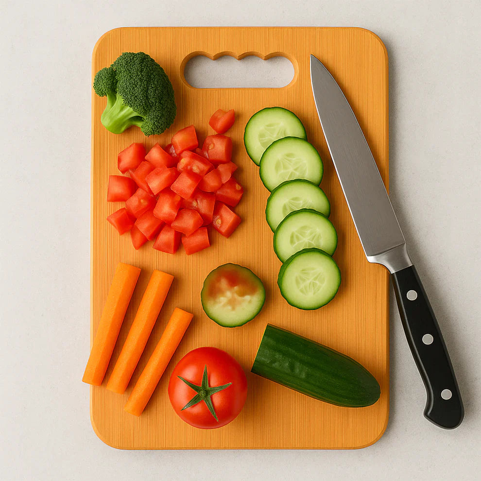 Wooden chopping board with rounded handle cutout; includes vegetables and chef’s knife.